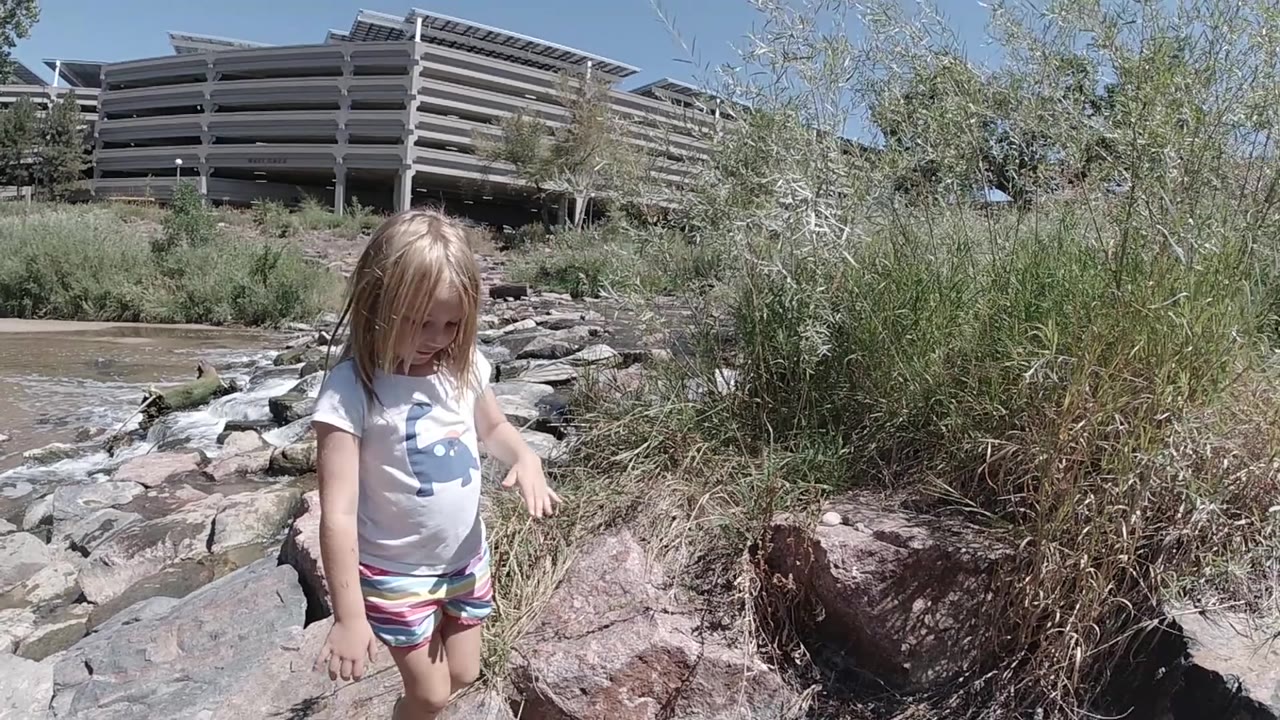 Girl reaches toward rocks near tall grass.