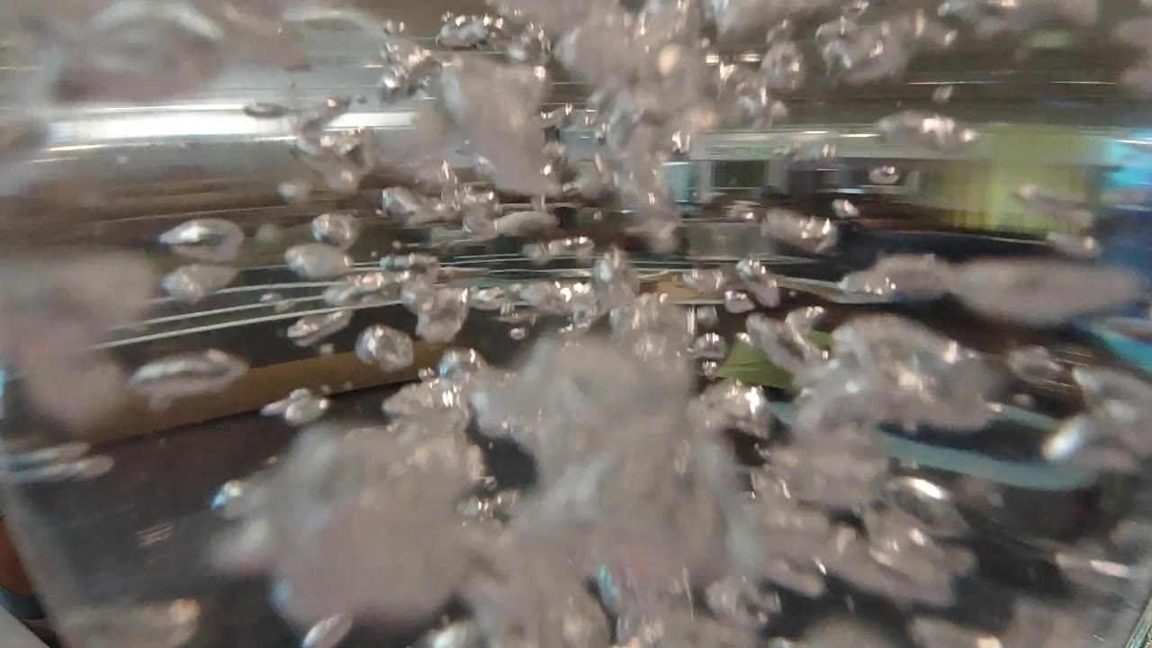 Bubbles clustered near the middle of clear liquid