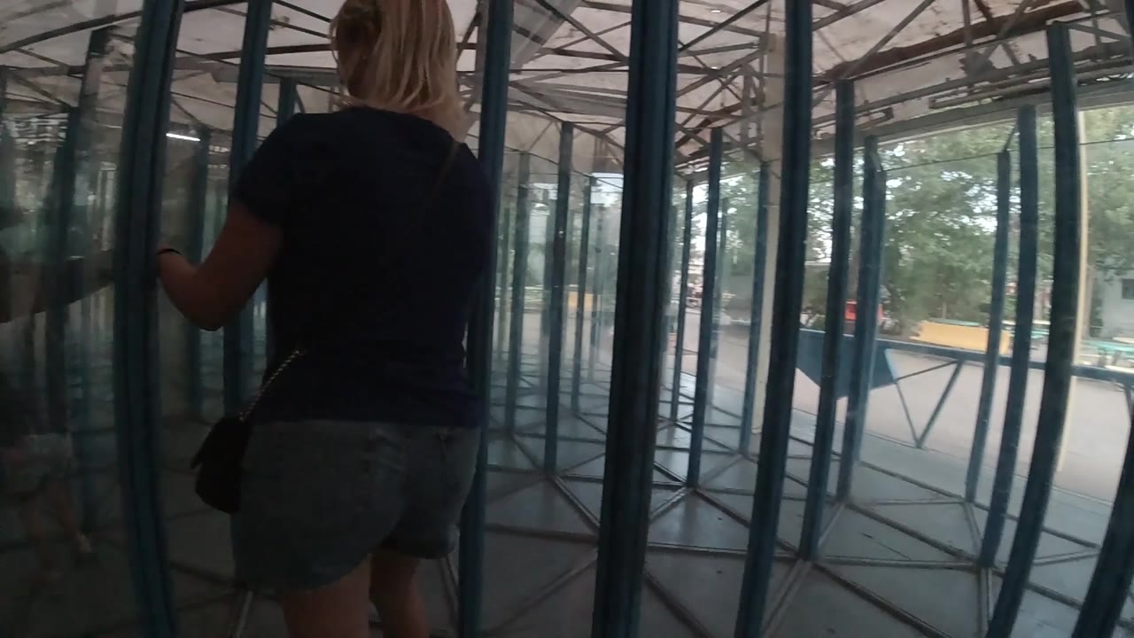 Woman seen from behind beside glass door panels.