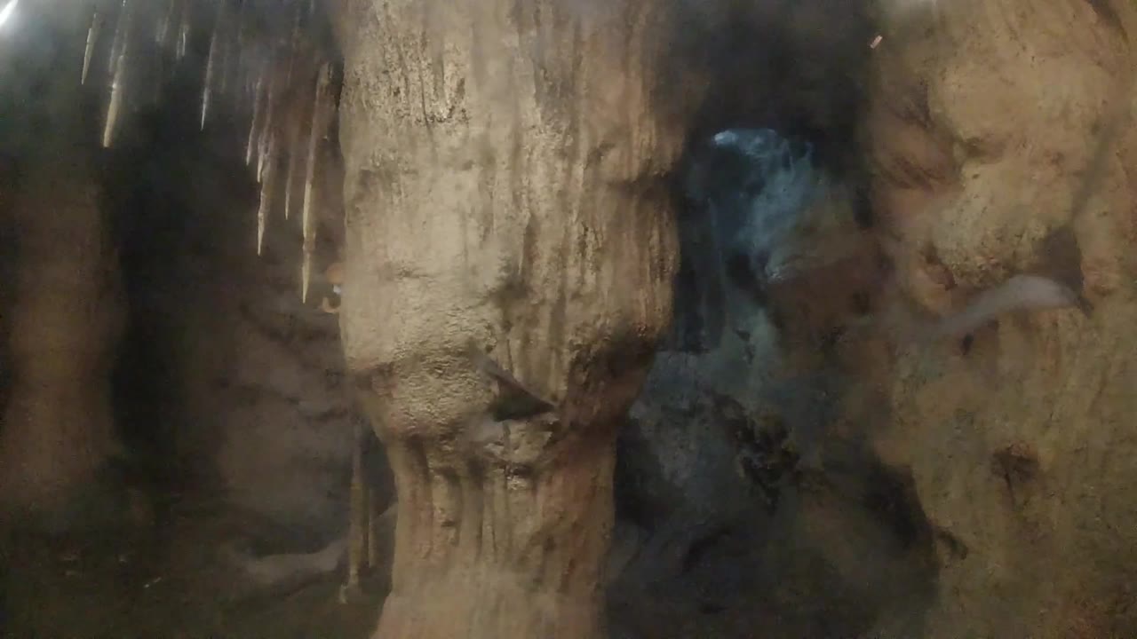 Opening frame of a dim Denver cave habitat display with pale rock formations in front, darker recesses behind, a blue-gray roosting area, and no visible people.
