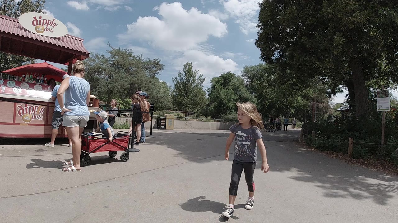 At Denver Zoo, a young blonde girl walks across the foreground while adults stand near a Dippin' Dots kiosk and a red wagon on a sunny paved walkway.