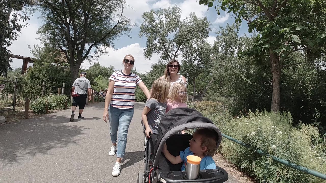 One second in, the stroller fills more of the foreground while the two women continue down the Colorado park path with shrubs to the right.
