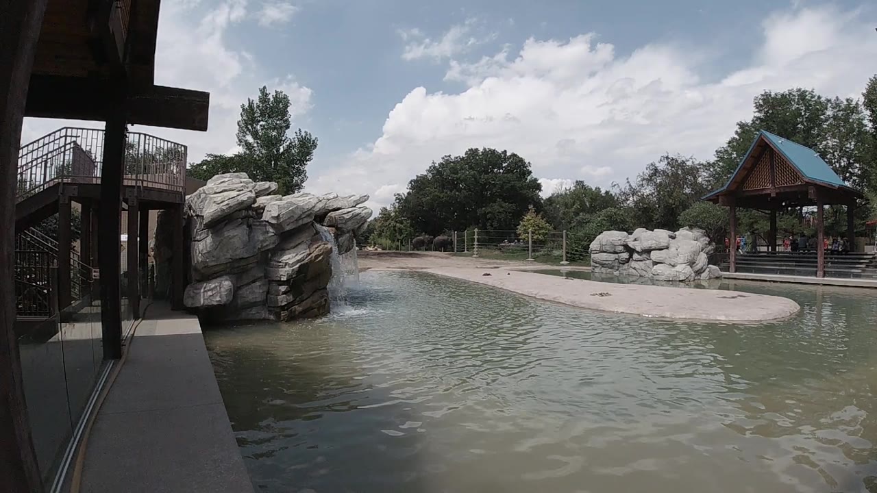 Zoo fountain pool with rocks and pavilion