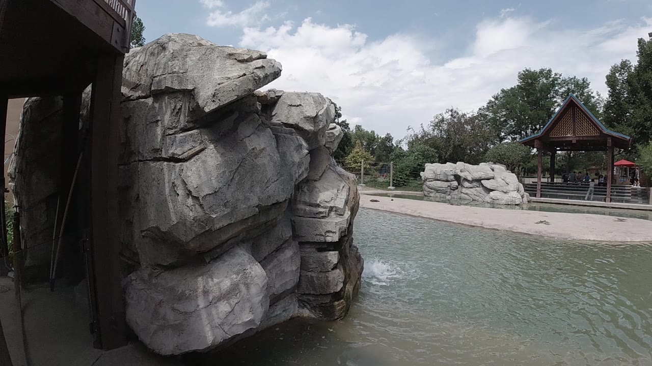 Gray rockwork over zoo water with pavilion beyond