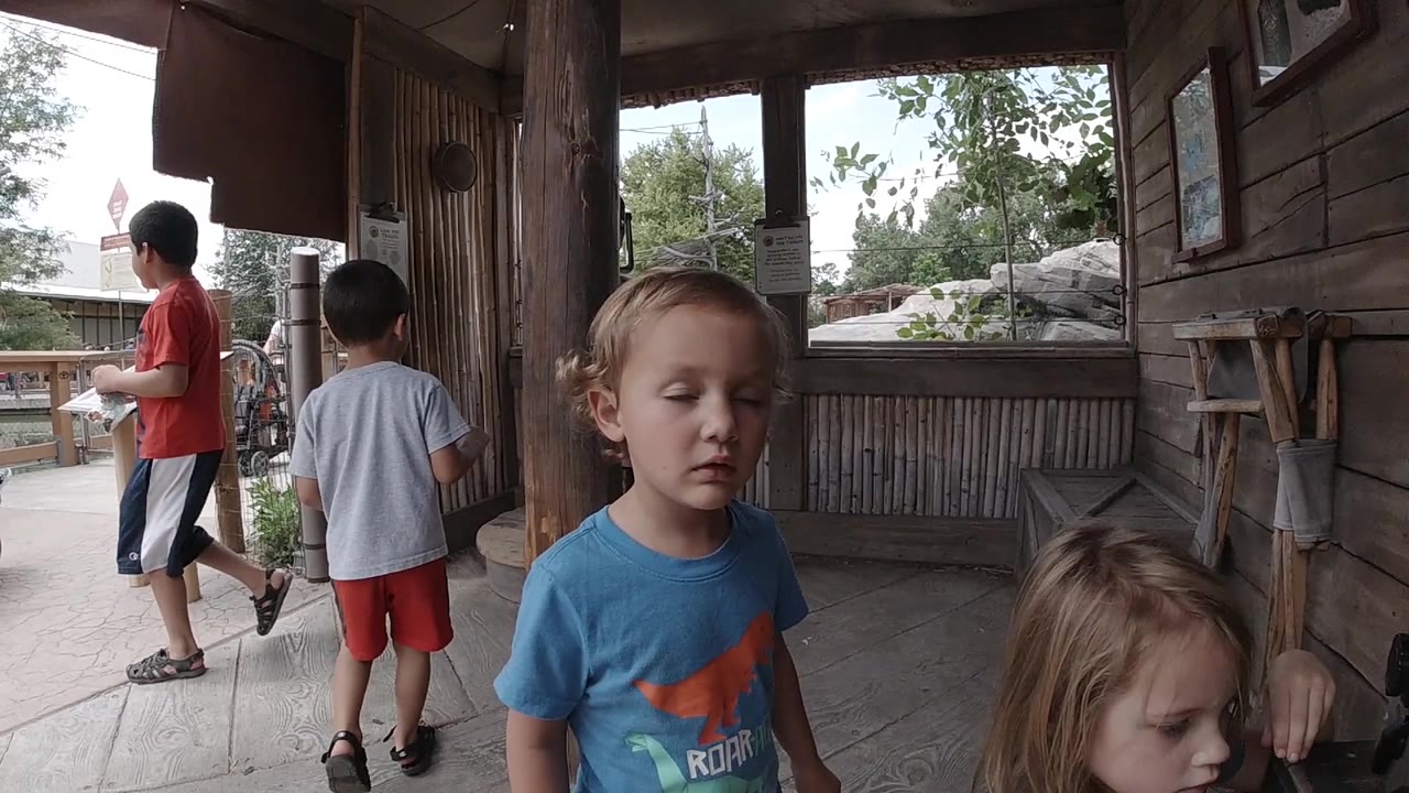 A young blond boy faces the camera in the foreground at the Colorado zoo while a girl looks down beside him and two boys stand near the railing outside.