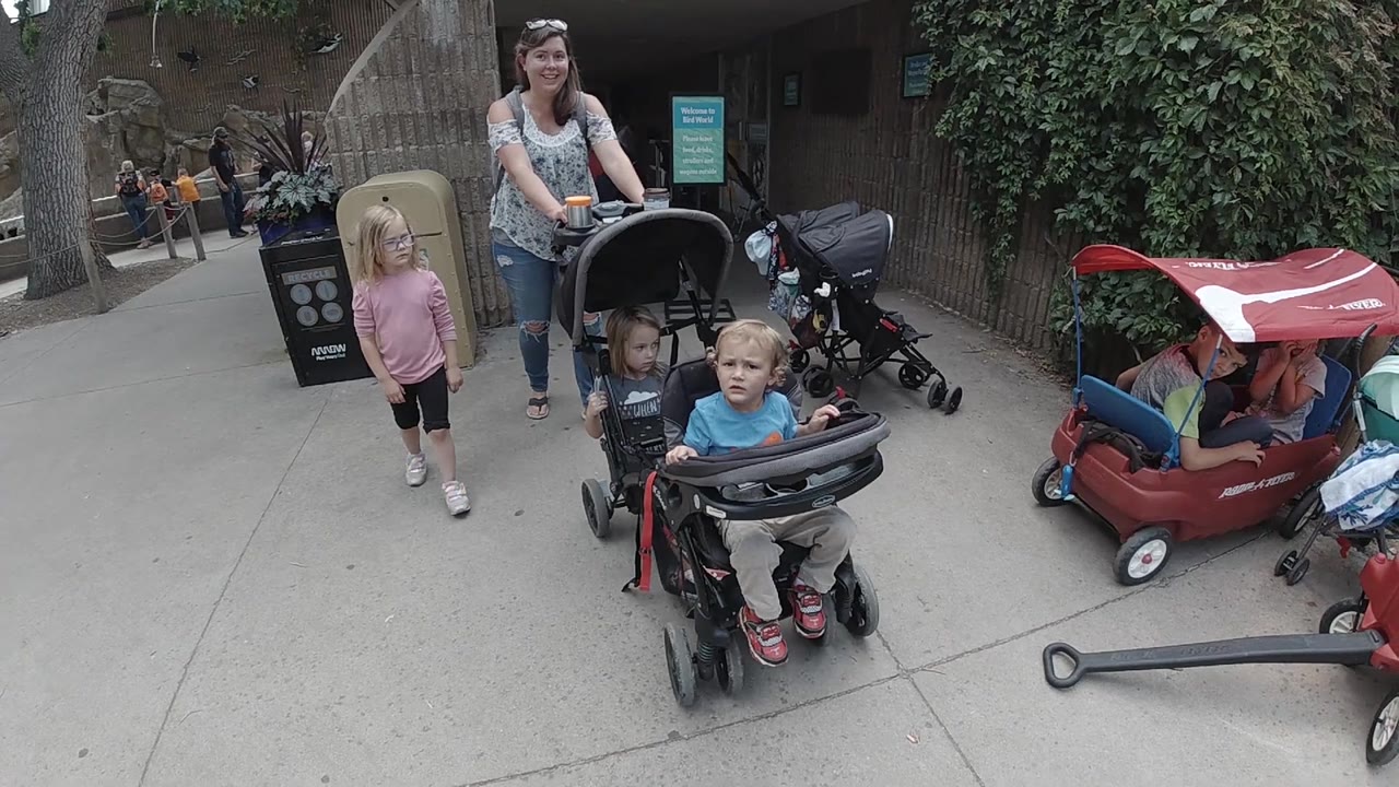 Woman pushes double stroller as a girl walks beside a wall and wagons.