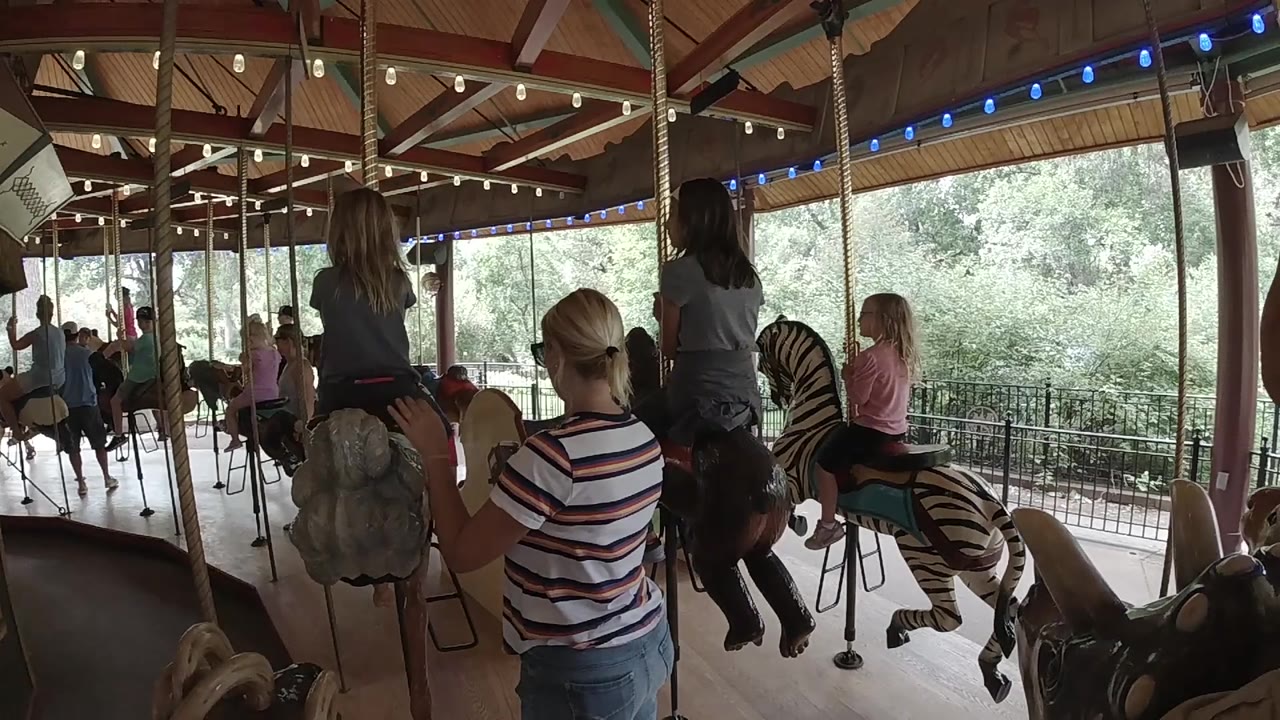 Carousel riders under roof beams with outdoor trees behind
