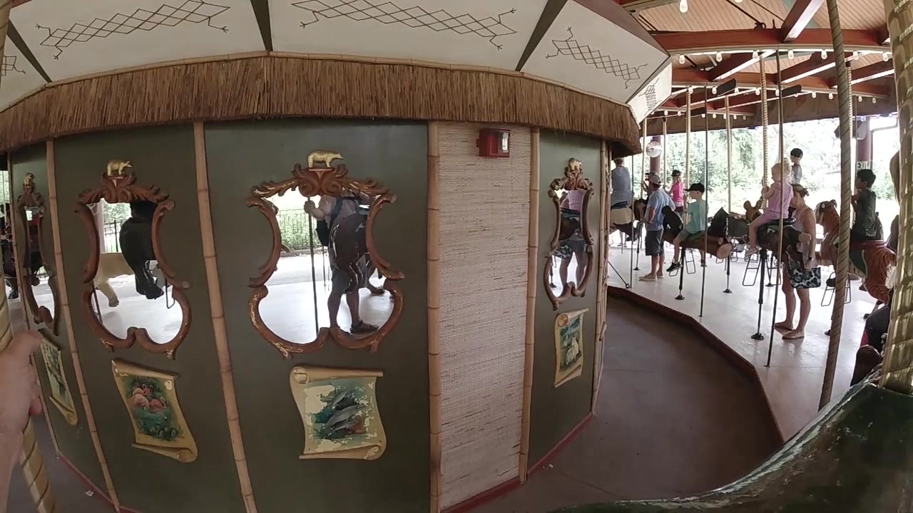 Carousel mirrors slide past with riders and poles in the background.