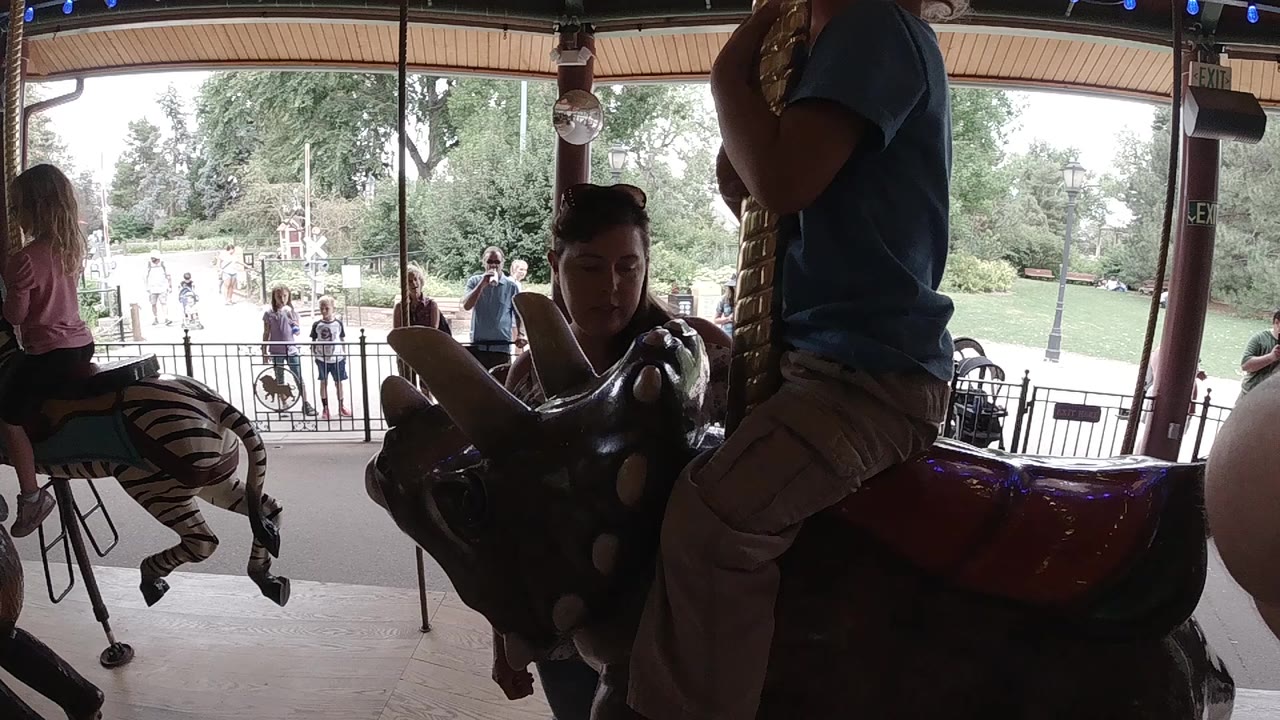 A child sits on a dark carousel animal in Colorado while an adult stands beside the pole and a zebra carousel figure appears at the left edge.