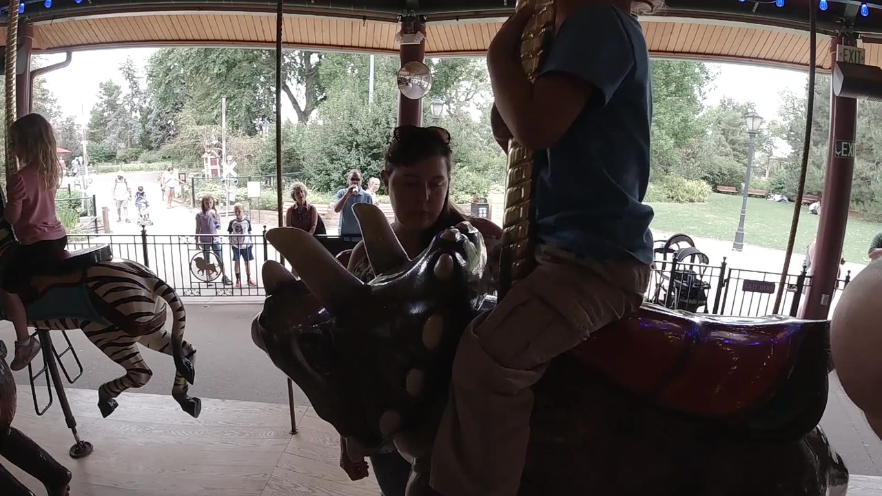 A child faces the camera from the dark carousel animal as an adult rider stands close at right, with railings, strollers, visitors, and trees beyond the carousel.
