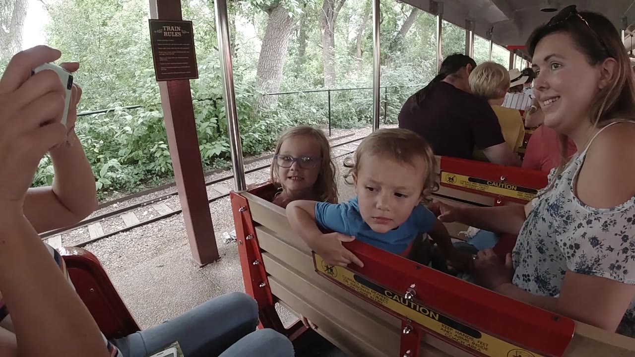 The woman remains turned toward the children as the boy looks down at the rail and the girl faces forward on the covered ride in Colorado.
