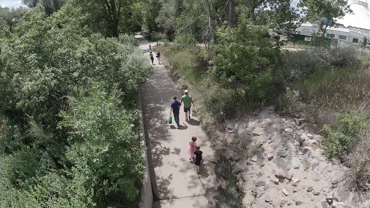 Overhead view of people on a paved path through trees and rocks.