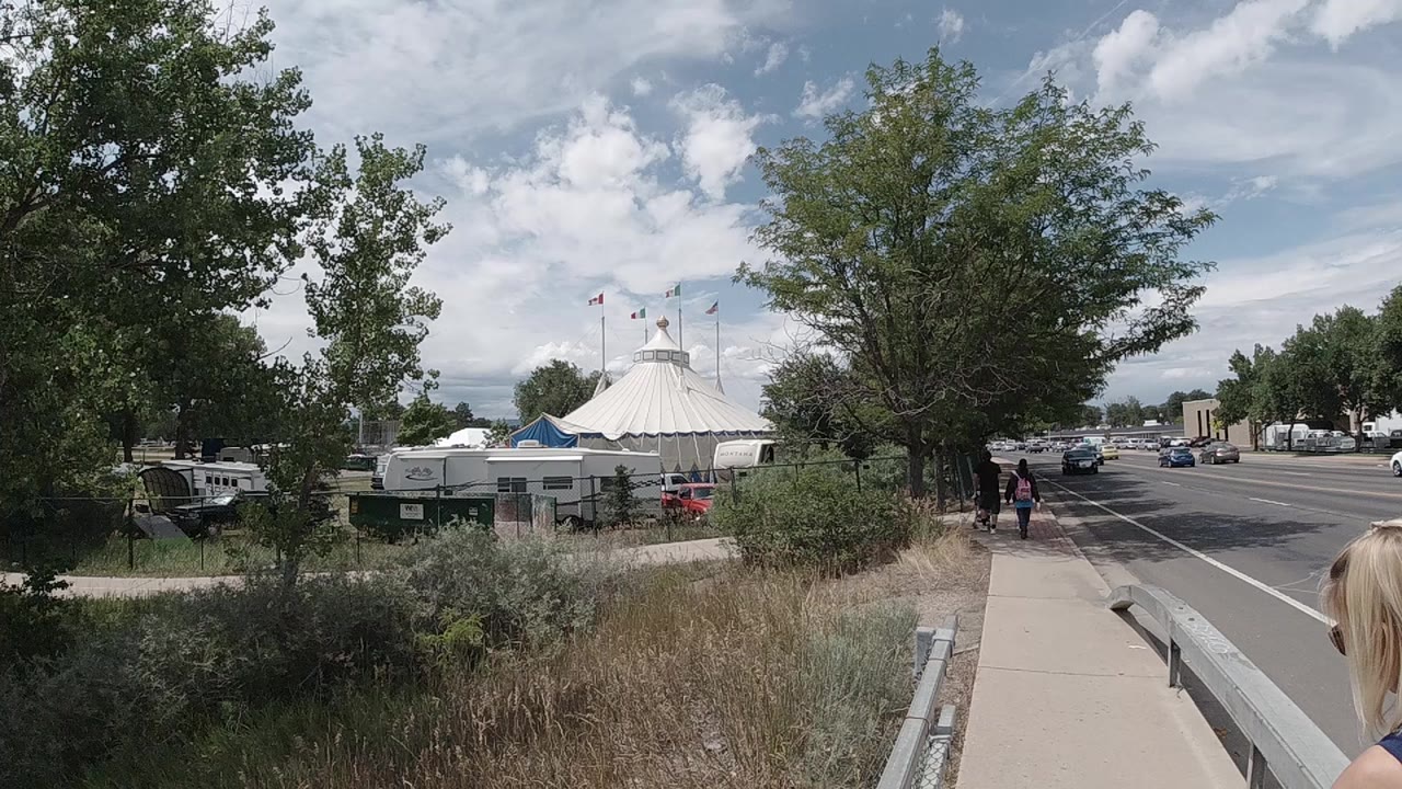 Colorado sidewalk scene with a white circus tent beyond shrubs, trees on both sides, cars on the road, and small pedestrians ahead.