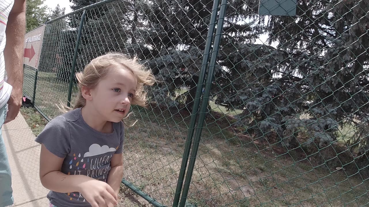The young girl leans forward near the fence in Colorado, with a sidewalk edge, grass, and dark evergreen branches in the background.