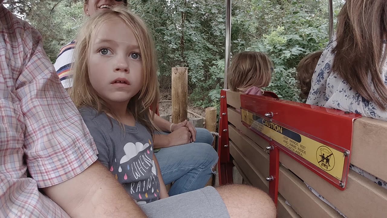 Young girl looks upward while seated beside family on a red bench.