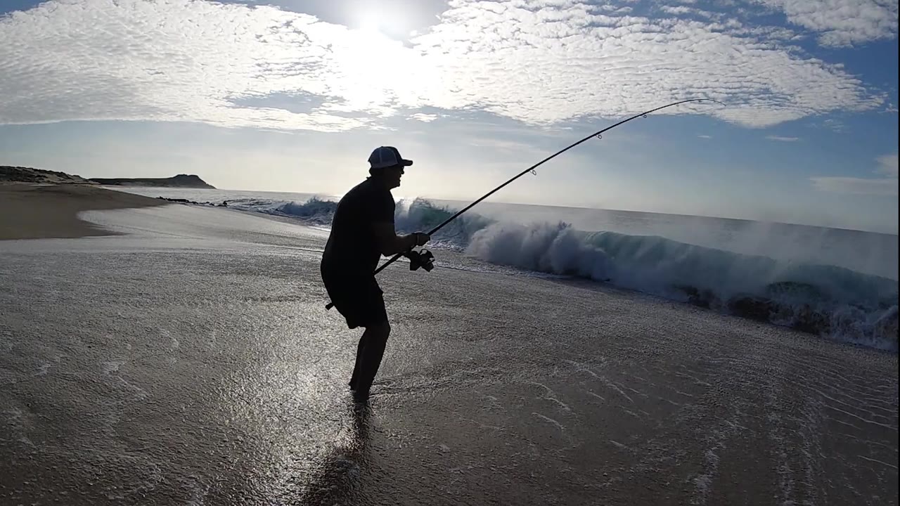 A silhouetted man in a hat holds a fishing rod on wet beach sand as a wave breaks behind him under a bright cloudy sky.