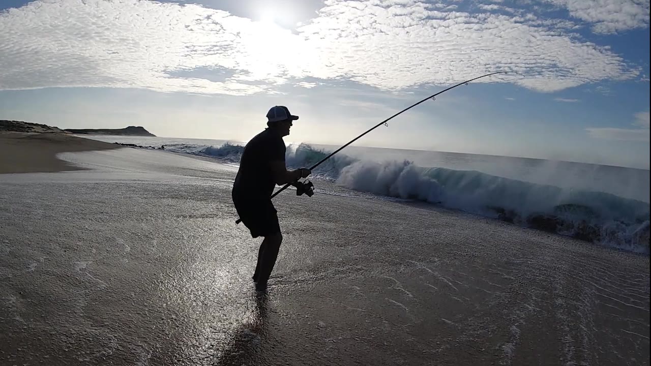 The fisherman remains side-on in silhouette with the rod arcing over the wave line and sunlight reflected on the wet sand.