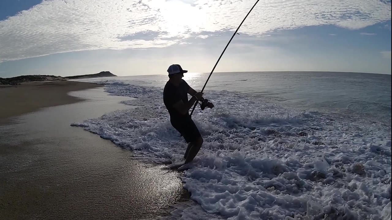 A lone angler in Los Cabos holds position in shallow surf while a foamy wave curls around his legs and the ocean stays calm beyond.