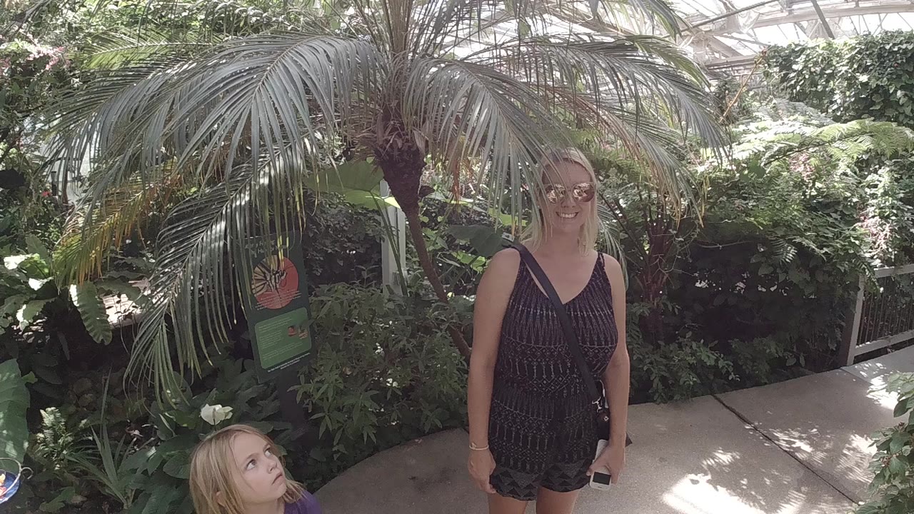 Woman standing under palm fronds with a child partly visible at the lower left.
