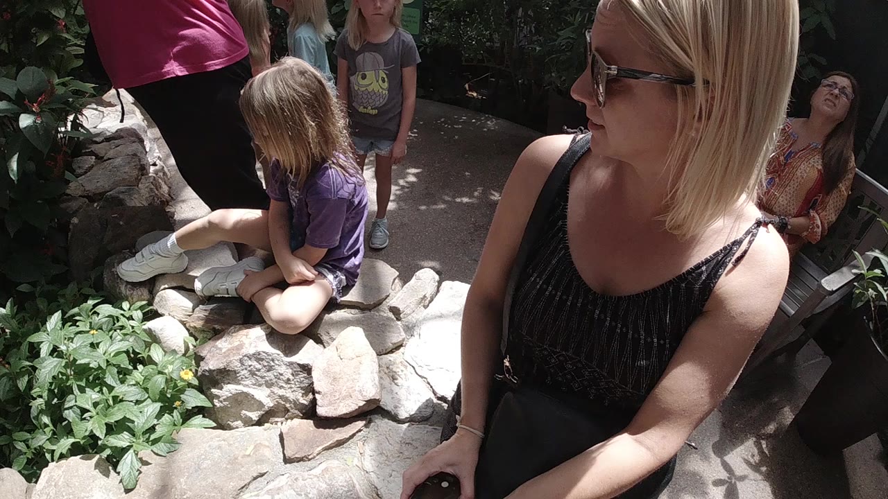 At the start of the Colorado sanctuary clip, a blonde woman in sunglasses sits close to the camera while a child in purple sits on pale rocks beside green plants.
