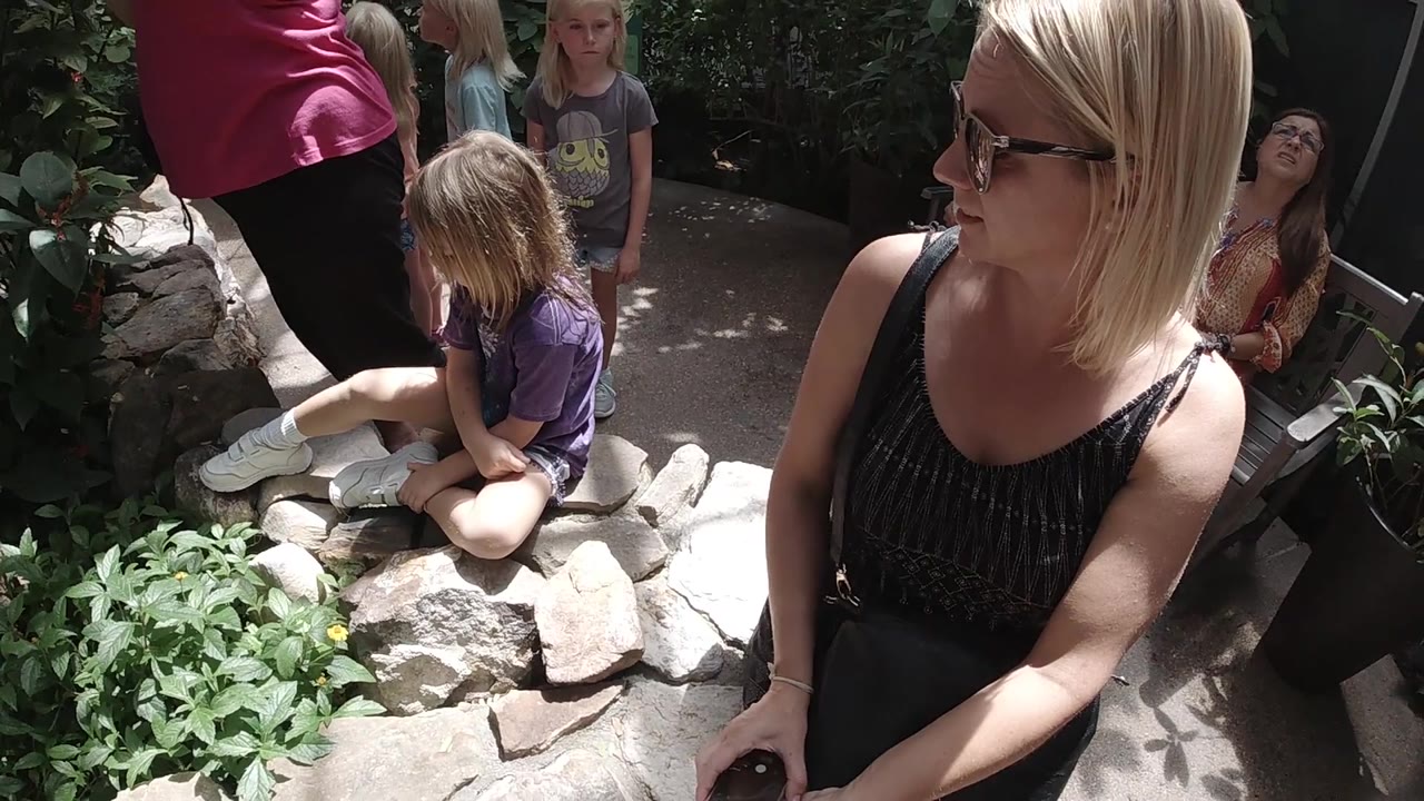 Child reaches down on rocks while the woman watches from the side.