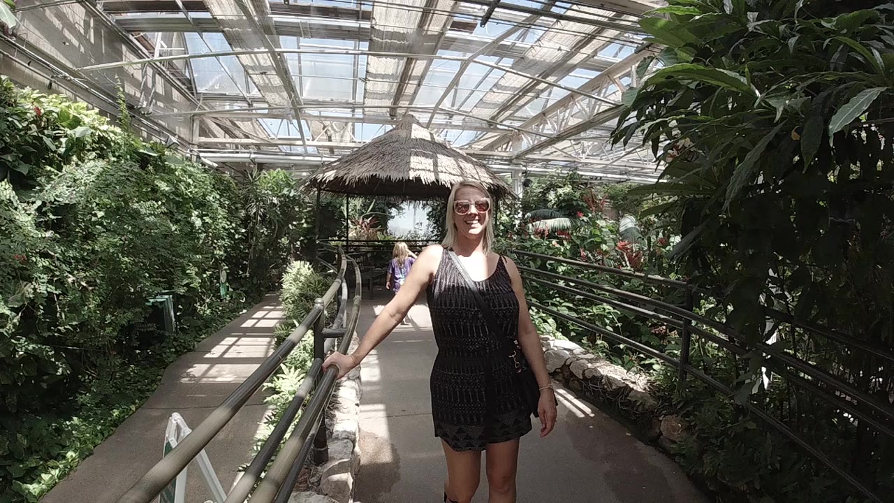 Woman in sunglasses standing by a greenhouse railing