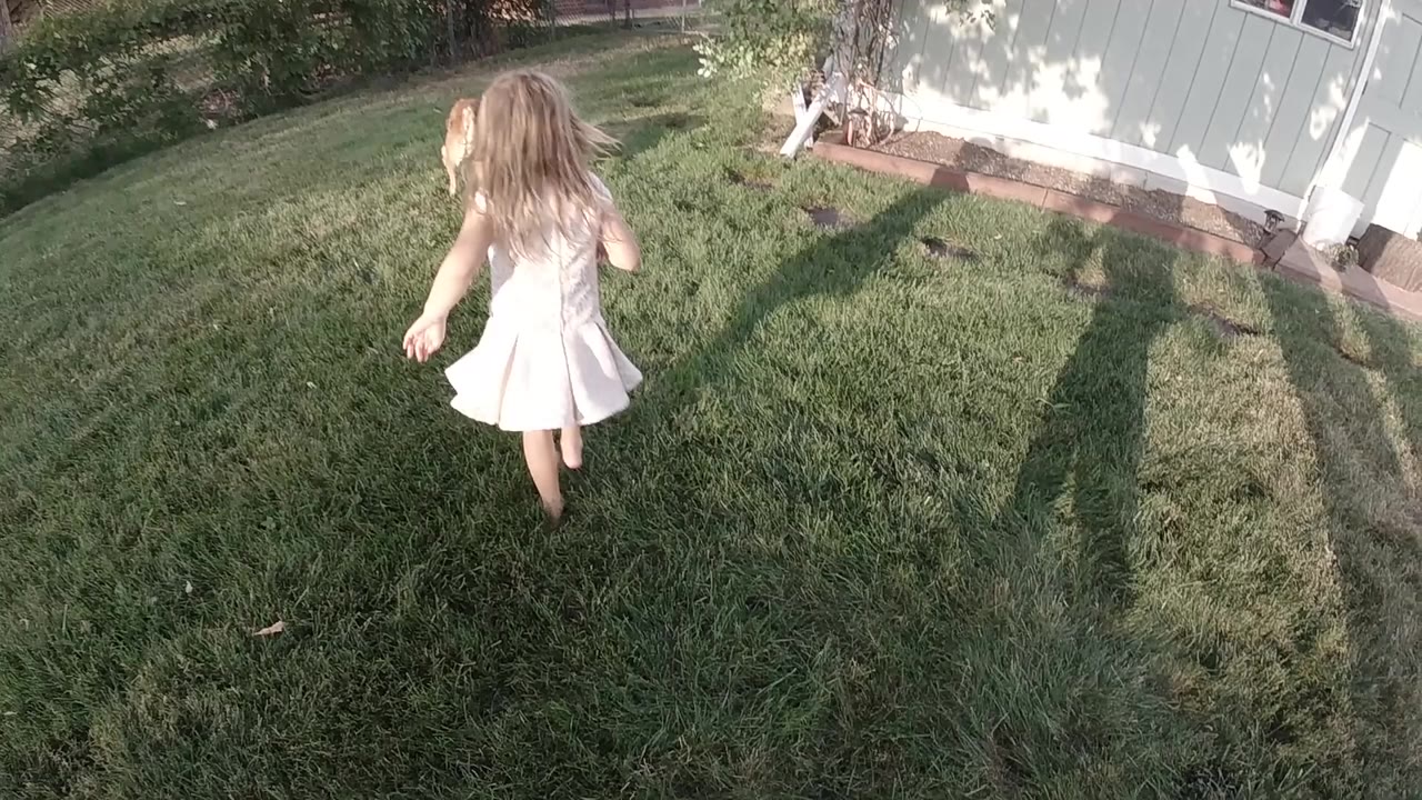 High view of a young girl in a light dress walking away across a sunlit grassy yard in Colorado, with long shadows stretching across the grass.