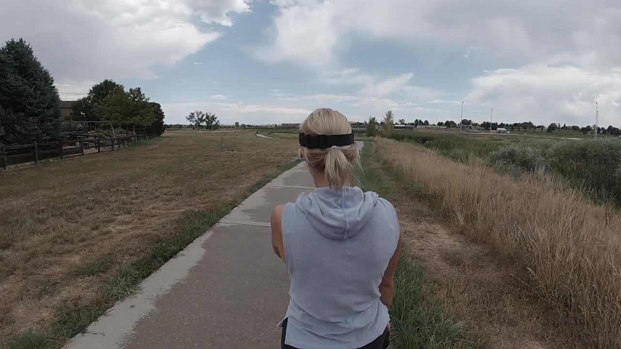 Blonde woman seen from behind on a park path with dry grass and cloudy sky.
