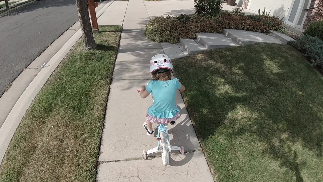 Young child riding a small bicycle on a sidewalk.