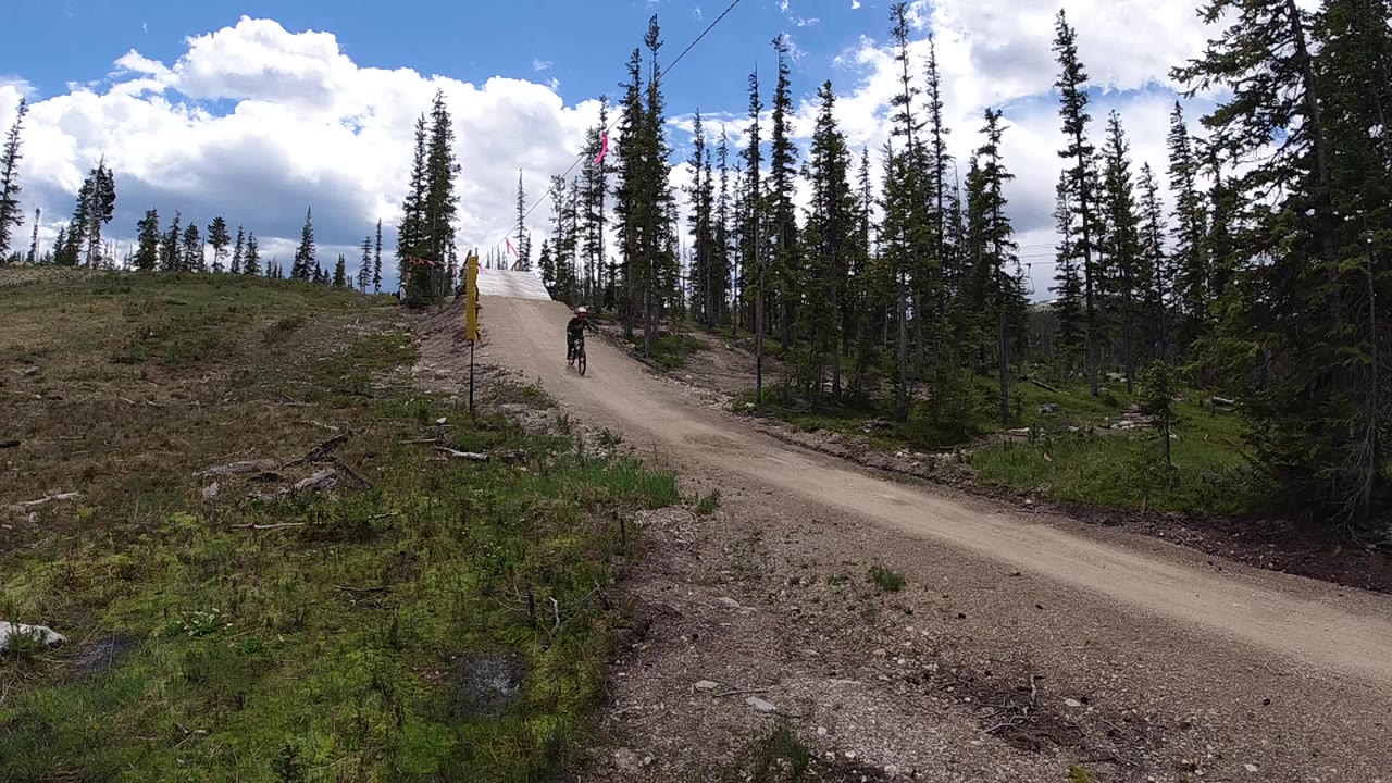 A small cyclist appears near the upper dirt road between evergreen trees, with rocky ground and grass in the foreground.