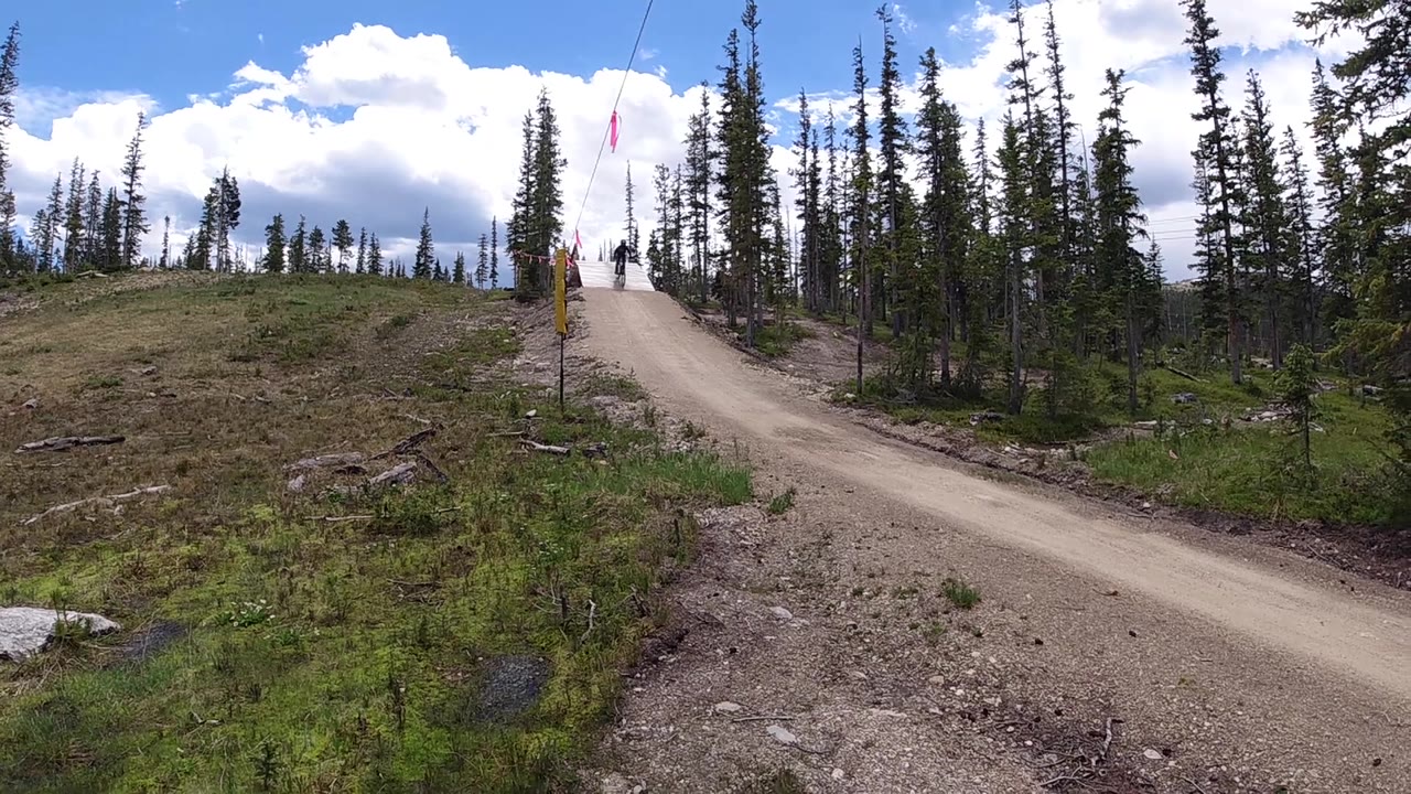 Drone aerial perspective of a dirt trail curving uphill through open alpine terrain with sparse conifers on both sides and blue sky with scattered clouds above; no people visible.