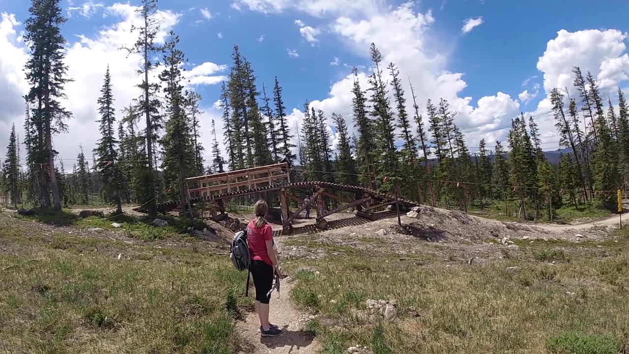At 0:02, the woman continues away from the camera on the dirt path, with weathered bridge rails, pale grass, and tall trees under a blue sky.