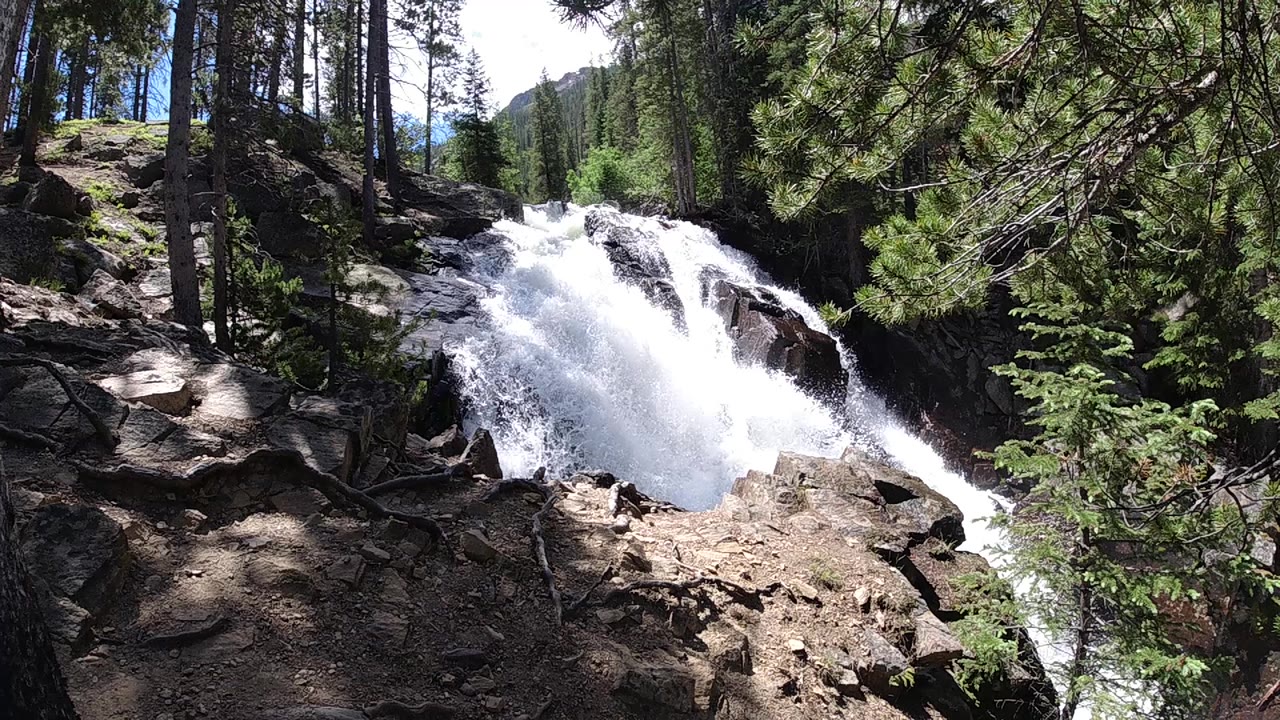 Opening frame with white water pouring over dark rocks, conifer trees around the falls, sunlit ground in front, and no visible people.