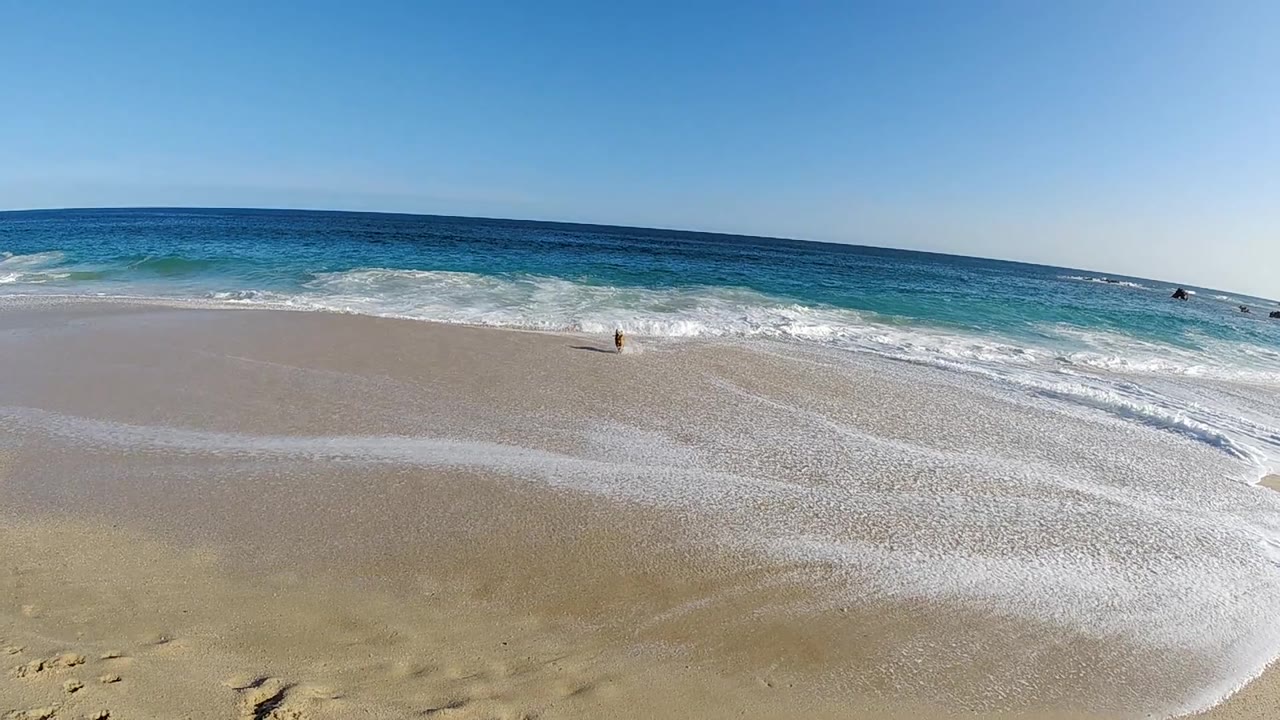 Wide aerial shot of sandy beach with waves and blue sky.