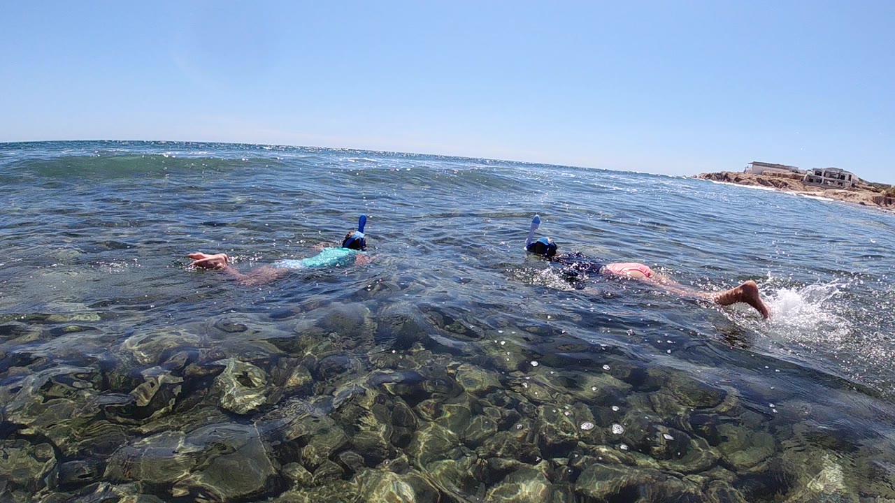 Two snorkelers in Los Cabos swim face down over clear green-blue water, with submerged rounded rocks visible below and a low coastline at the right edge.