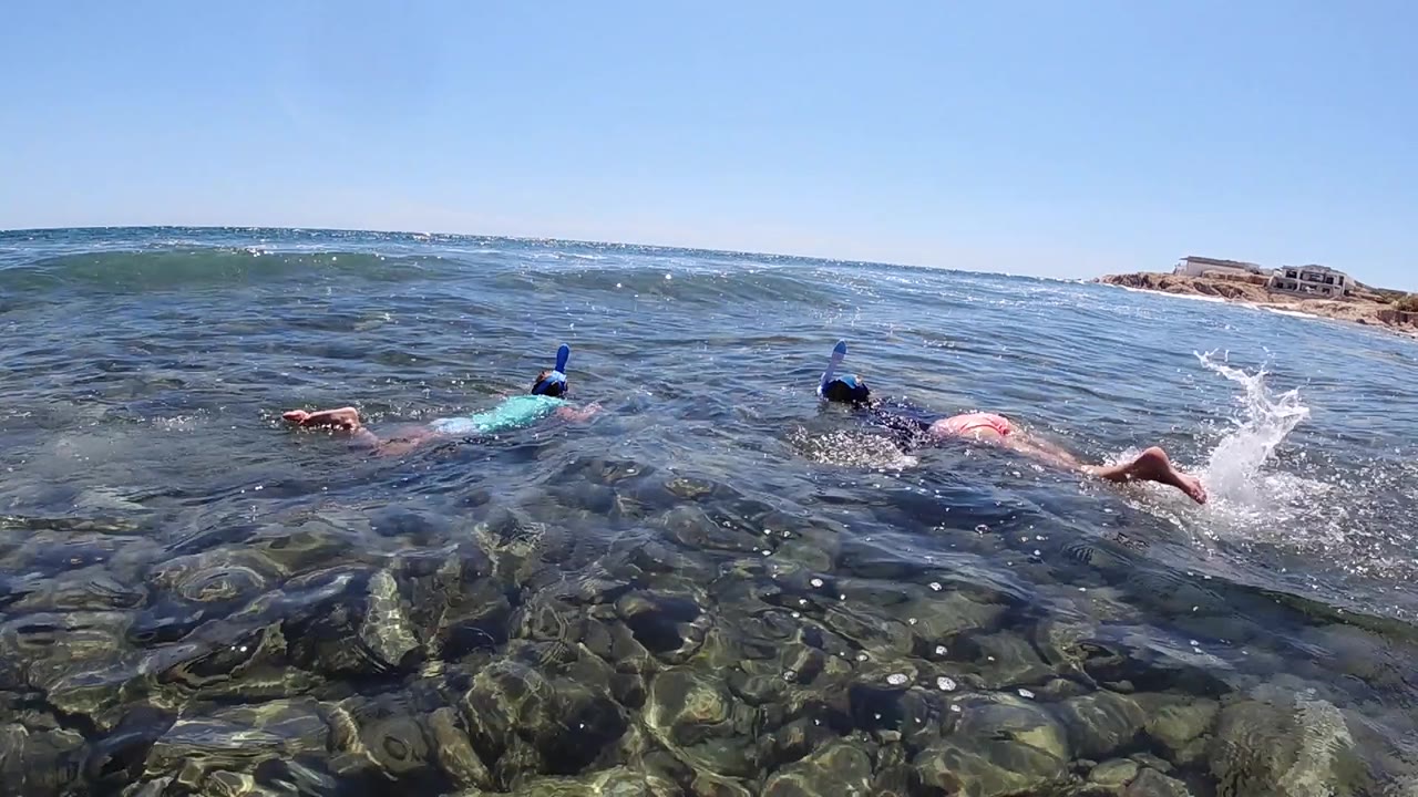 Two snorkelers swim beside a splash