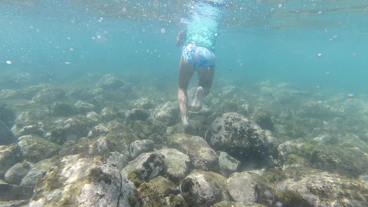 Underwater frame from Los Cabos, Mexico: swimmer in blue shorts visible in upper center, rocky boulders covering the seabed below, clear turquoise water with no fish or coral present