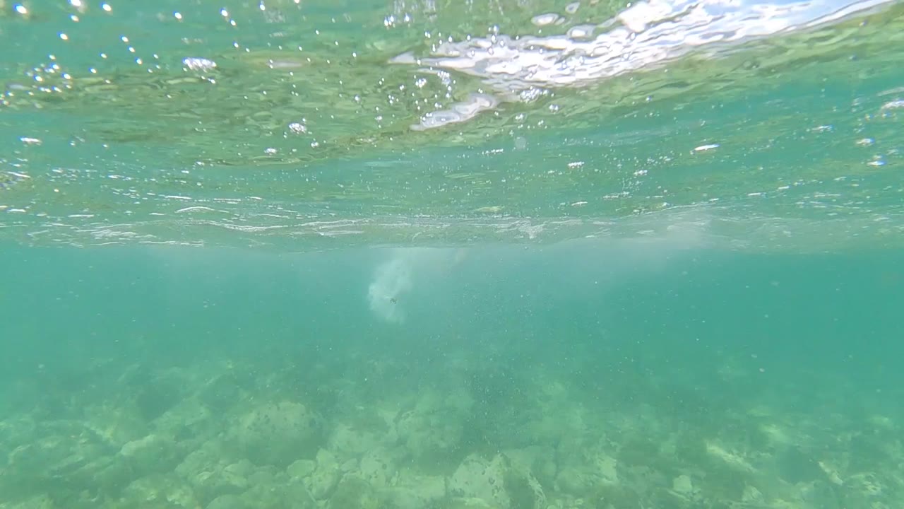 Underwater view with bright surface ripples and rocky bottom.