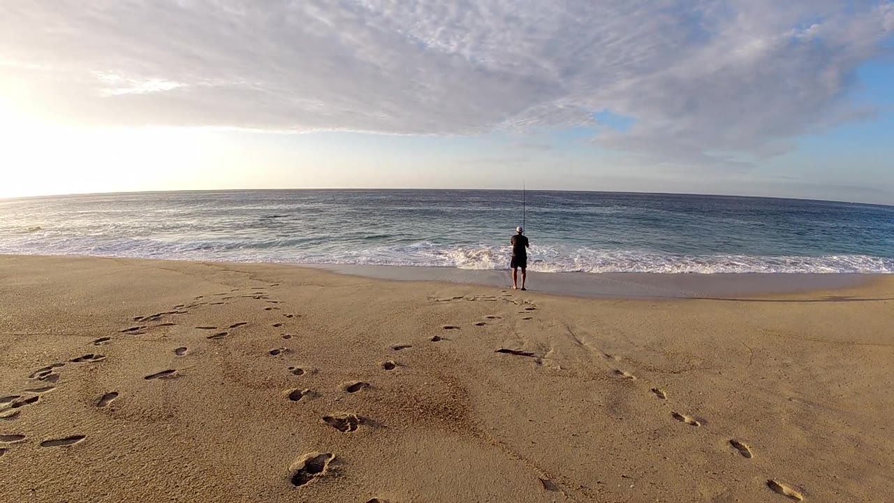 Wide beach view with person near ocean waves