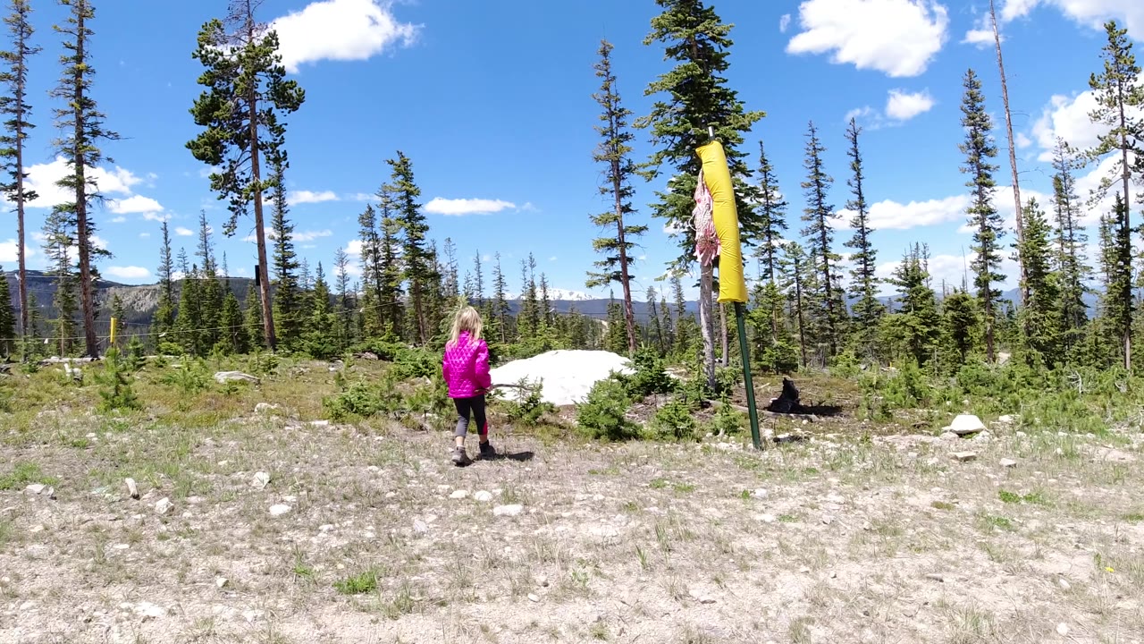 A small blonde child in a bright pink jacket stands far back in a rocky field with conifers, blue sky, and a yellow windsock-like fabric at right.