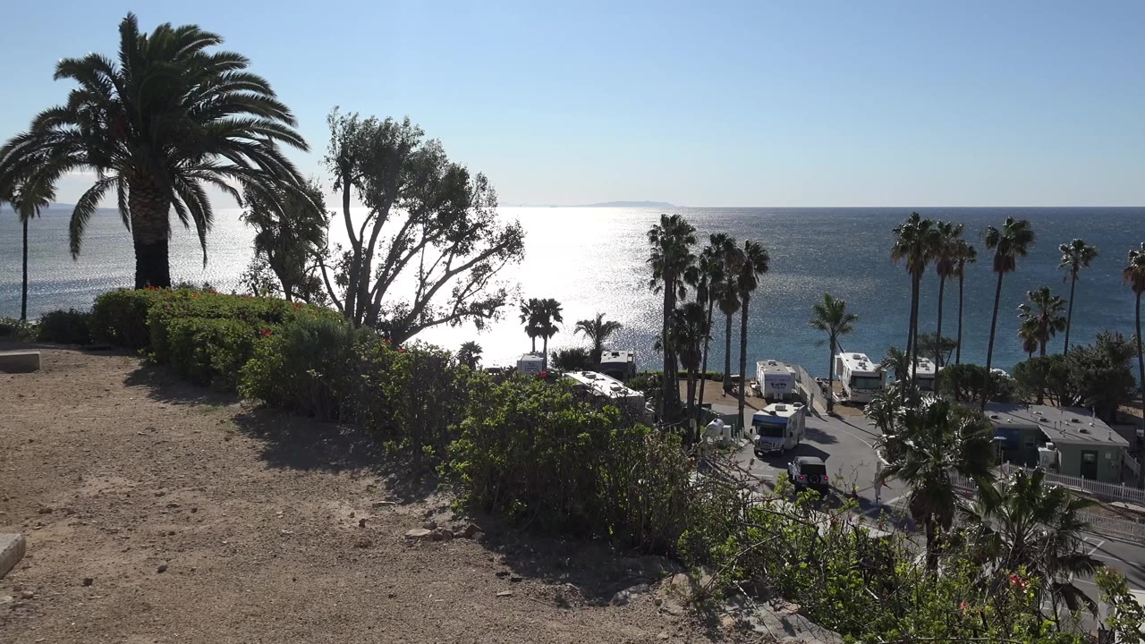 Second frame of the Malibu overlook, with the large palm at left, shrubs across the slope, a bright ocean reflection near center, parked RVs and cars below, and no visible people.