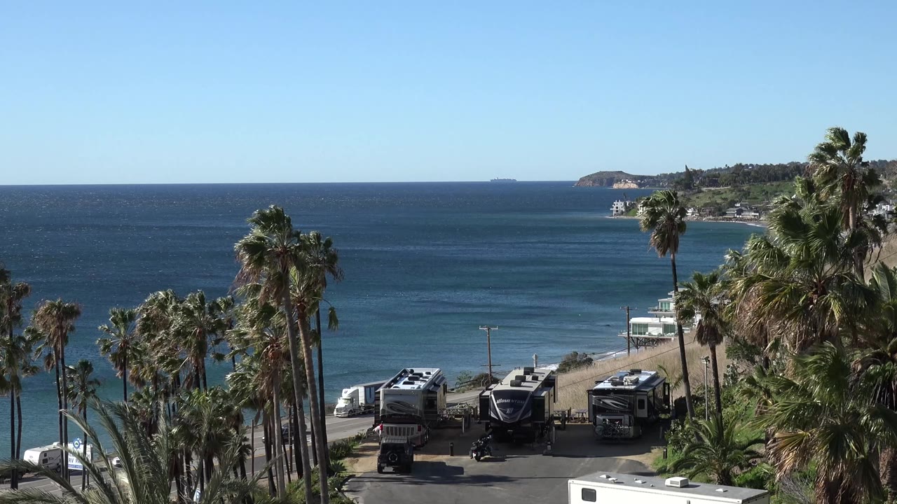 Elevated Malibu view with tall palms in the foreground, parked RVs by the beach below, blue ocean beyond, distant coastline at right, and no visible people.