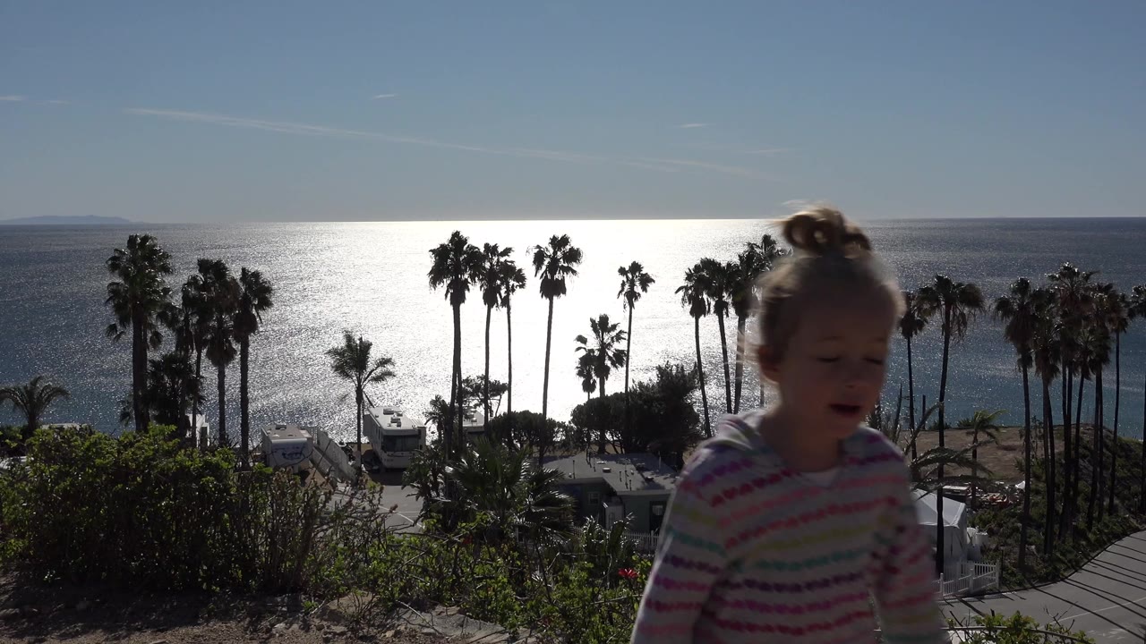 In Malibu, California, a young girl stands near the foreground while palm trees, shrubs, a beachside structure, and sun glare on the ocean fill the background.