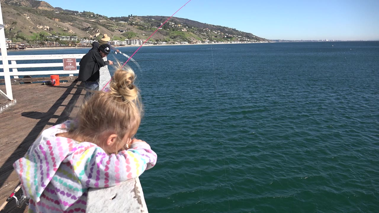 At 0:01 in Malibu, California, the child remains close to the foreground rail as pink fishing rods cross the frame toward the ocean and the hillside runs along the horizon.