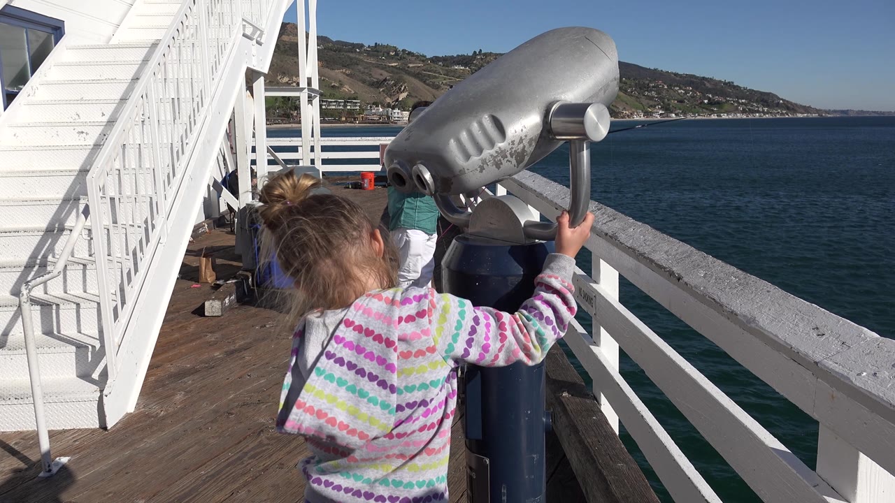 Girl leaning near a grey viewing telescope on a pier.