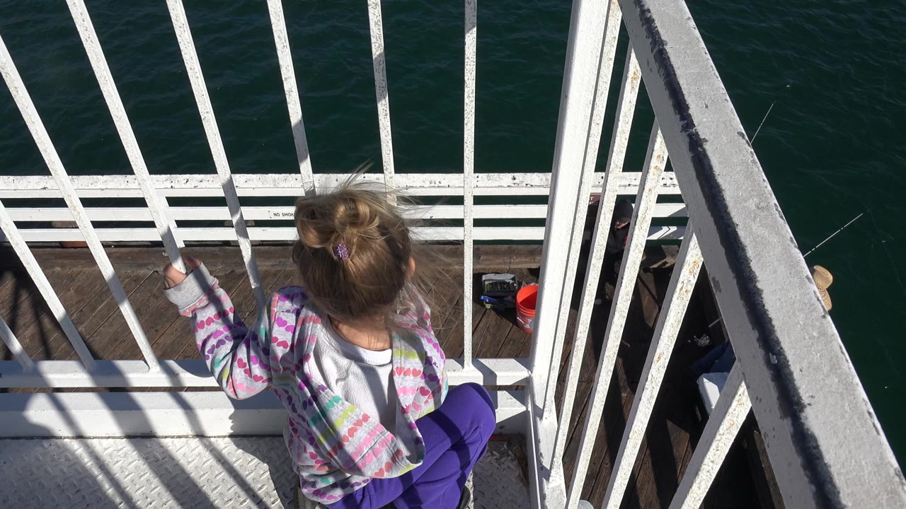 A young girl stands with one hand near white balcony bars in Malibu, California, looking down toward dark green ocean water in bright sun.