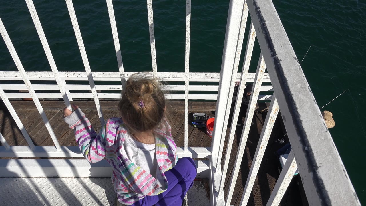 The girl remains at the Malibu balcony railing while a partly visible person in a straw hat appears below near the ocean edge.