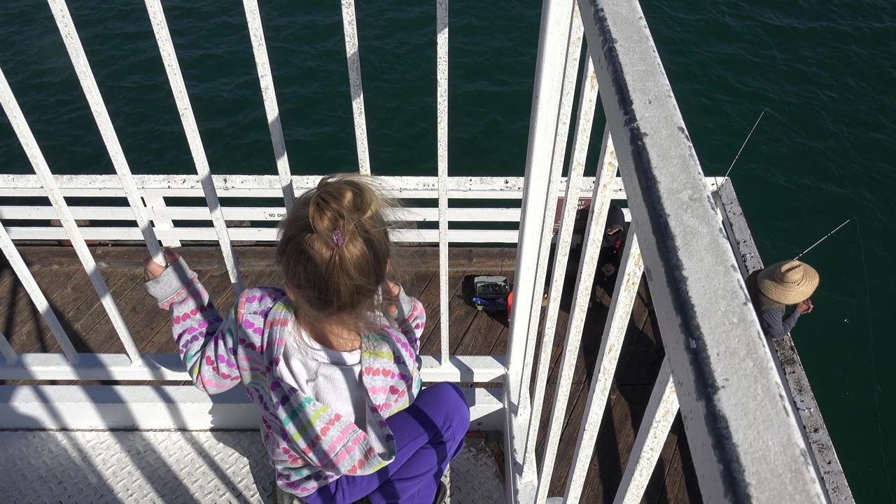 At 0:02 in Malibu, California, the girl in a patterned top and purple pants is centered lower in the frame, with vertical white rails separating her from the green water view.