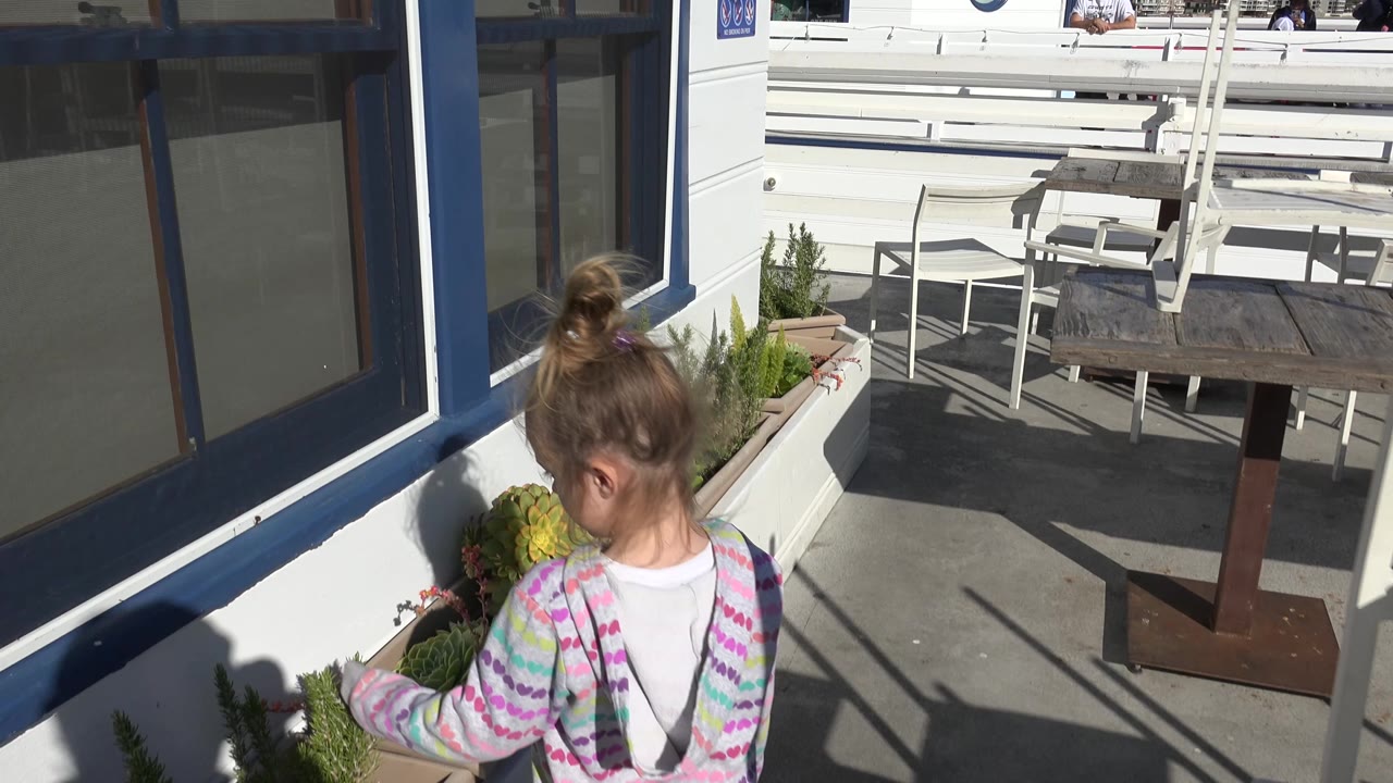 Child in patterned sweater reaches into a planter on a bright deck.