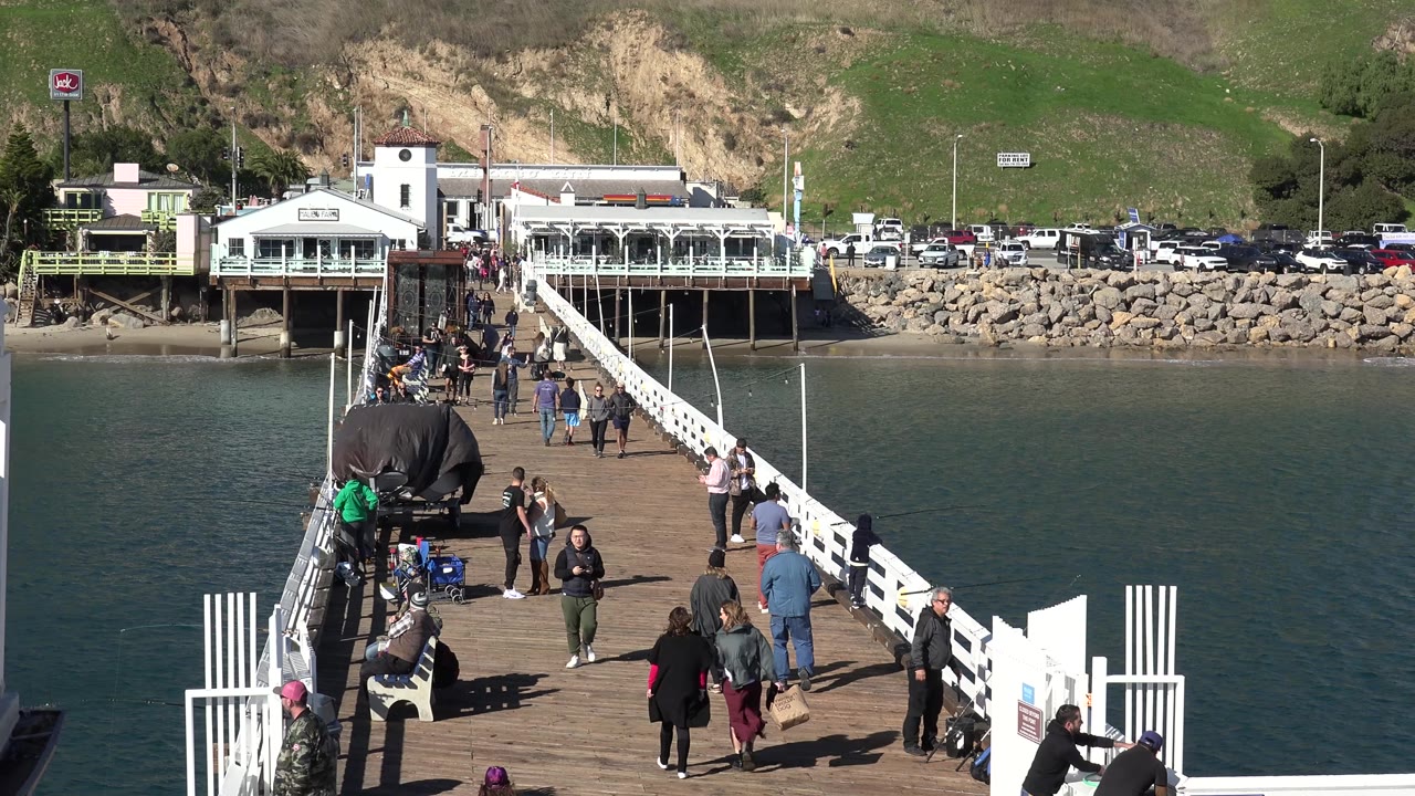 Pedestrians spread across a wooden bridge with water on both sides.